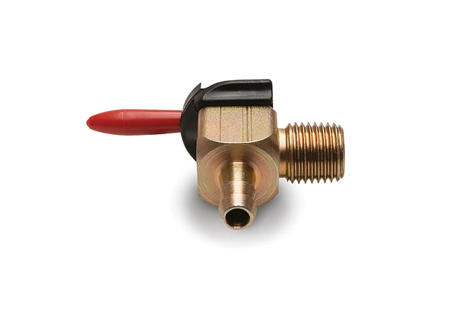 Fuel valve, 90 degree, 1/4" NPT x 1/4" barb, Viton seal